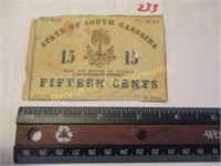 Bank of South Carolina 15 Cents  Feb -1-1863