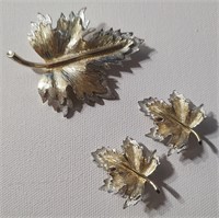 Gold & Silver Frosted Leaves Pin & Ear Clips