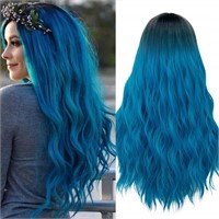 Women's Long Blue Wigs for Women Ombre Color Wavy