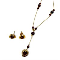 14K Gold & Ruby Heart Earrings & Necklace Set