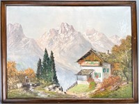 Signed Oil on Canvas of Mountainside Cabin