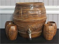 Wooden Barrel w/Spicket & 4 Cups