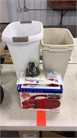 Dirt Devil hand vac, and 3 trash cans