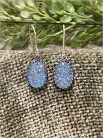 Blue Druzy Sterling Silver Oval Dangle Earrings