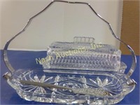 3 pc crystal butter server & glass bowl