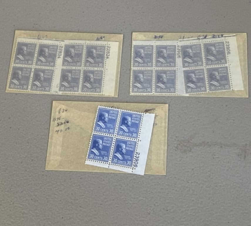 1938 Teddy Roosevelt 30 Cent Stamp Pate Block Lot