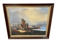 LARGE ANTIQUE OIL ON CANVAS IN SHADOWBOX FRAME