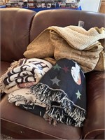 3 NICE TAPESTRY THROW BLANKETS & USED DOG BLANKET