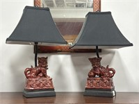 Pair Oxblood Guardian Dog Table Lamps