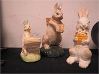 Three vintage chalk rabbits, 4 1/2" to 6 1/2"