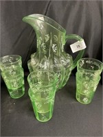 Decorated Green Depression Pitcher and Tumblers