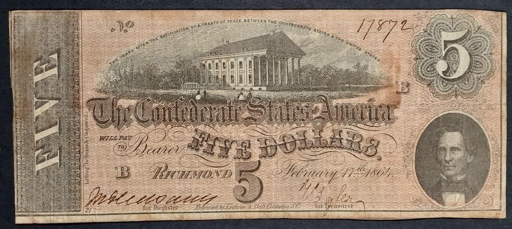 1864  $5 Confederate States of America note