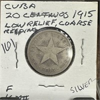 1915 CUBA SILVER 20 CENTAVOS
