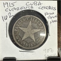 1915 CUBA CUARENTA SILVER 40 CENTAVOS
