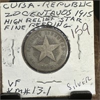 1915 SILVER CUBA 20 CENTAVOS