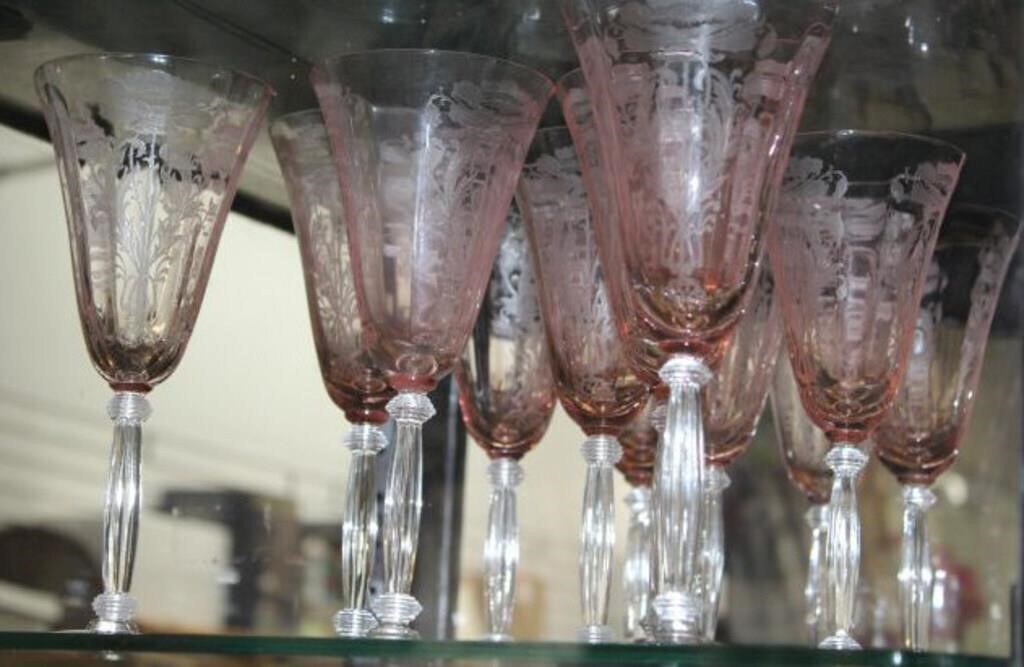 SET OF 12 PINK ETCHED STEMWARE