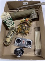 Box lot flashlight, camera part, Talc tin