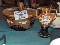 Cobalt  Blue vase & covered dish w/gold overlay