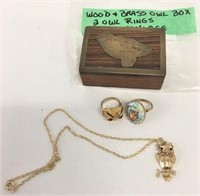 Wood & Brass Inlay Owl Box w/Owl Rings & Necklace