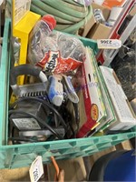 CRATE OF MISC--LEVEL, SOCKETS, LIGHTS, SAND PAPER,