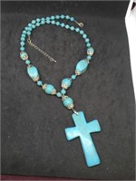 Turquoise Bead and Cross Necklace With