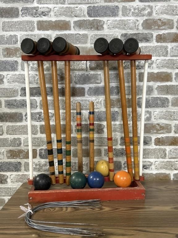 Vintage Wooden Croquet Set on Stand