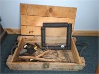 WOODEN AMMUNITION CRATE W/ PAINTING ITEMS