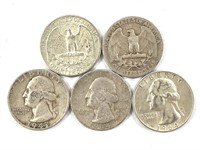 5 Silver Washington Quarters, US Coins