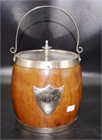 Oak Carved Biscuit Barrel with silver plate mount