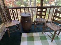 3 antique chairs and barrel with top