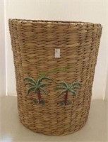 Woven palm tree themed waste basket measuring 11