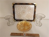 Wall Art, Candle Holders, & Vintage Divided Amber