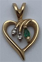 14k Gold, Diamond & Emerald Heart Pendant