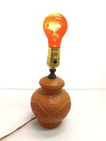 Small table lamp pottery works shade & orange bulb