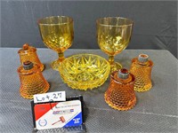 Yellow/Orange Glass Cups, Bowl, Candle Holder