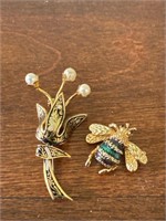 Vintage brooch and green bee pin