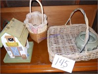 Haeger vase, bird feeder, wicker tray and baskets