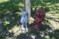 Cement Dalmation Statue & Cast Iron Fire Hydrant