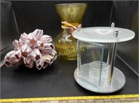 3 pcs w/ amber vase, candle holder, seashell