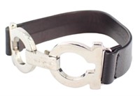 Ferragamo Black Leather Double Gancini Bracelet