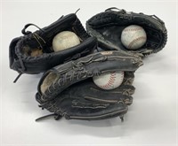 3 Used Ball Gloves & Balls