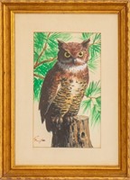 Arthur Sarnoff Owl Gouache on Paper