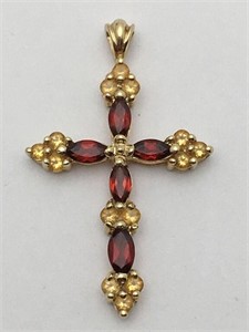 10k Gold Garnet & Citrine Cross Pendant