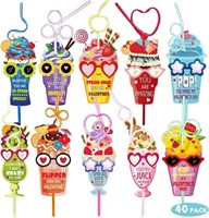 40 Sets Valentines Day Cards with Crazy Straws Reu