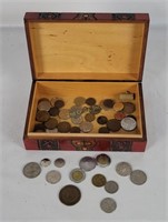 Wood Trinket Box W/ Foreign Coins