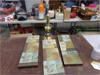 3 pictures and brass lamp