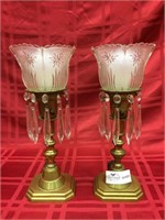 Pair of brass candlestick form lamps witj etched