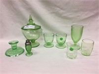 8 Unmatched Green Depression Era glass, covered
