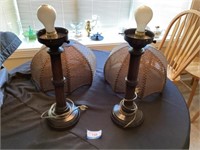 Pair of wood lamps & 2 cane laced shades (shades