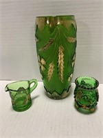 VTG EAPG Green w/Gold Glass Vase, Toothpick